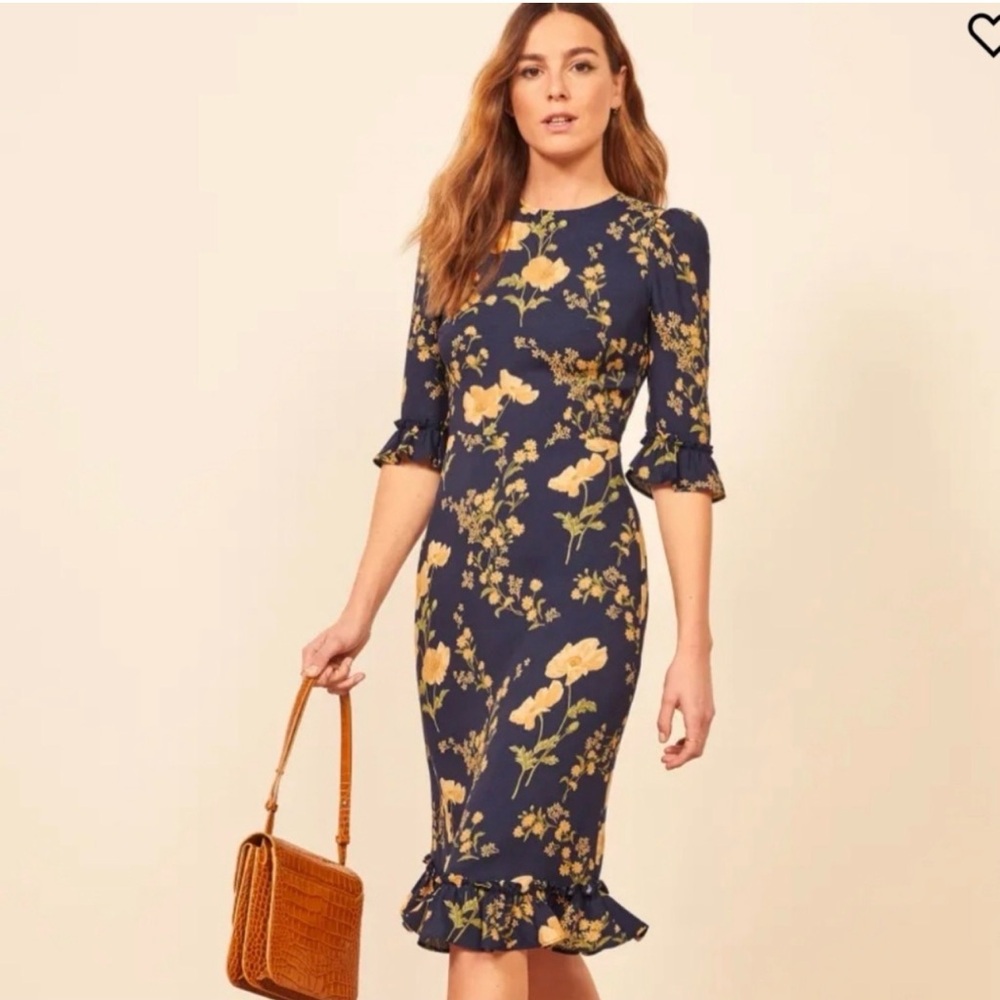 Reformation  Floral Navy and Yellow Ruffle-Hem Sheath Dress Size 8 Mothers Day